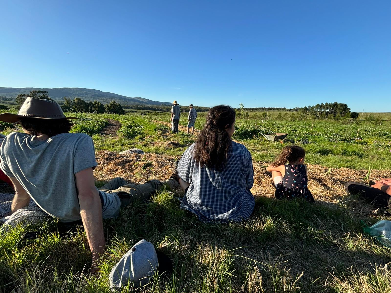Encuentro comunitario al atardecer en la chacra